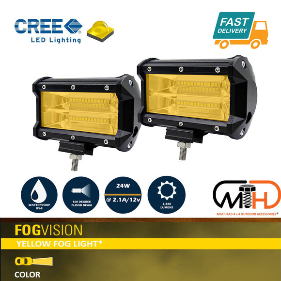 2x 5inch Flood LED Light Bar Offroad Work Driving Fog Lamp Yellow CREE Spread